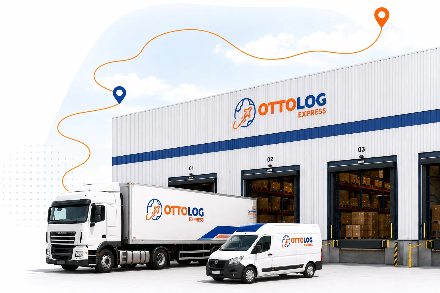 Centro de distribuição Ottolog Express com caminhão e van de entrega